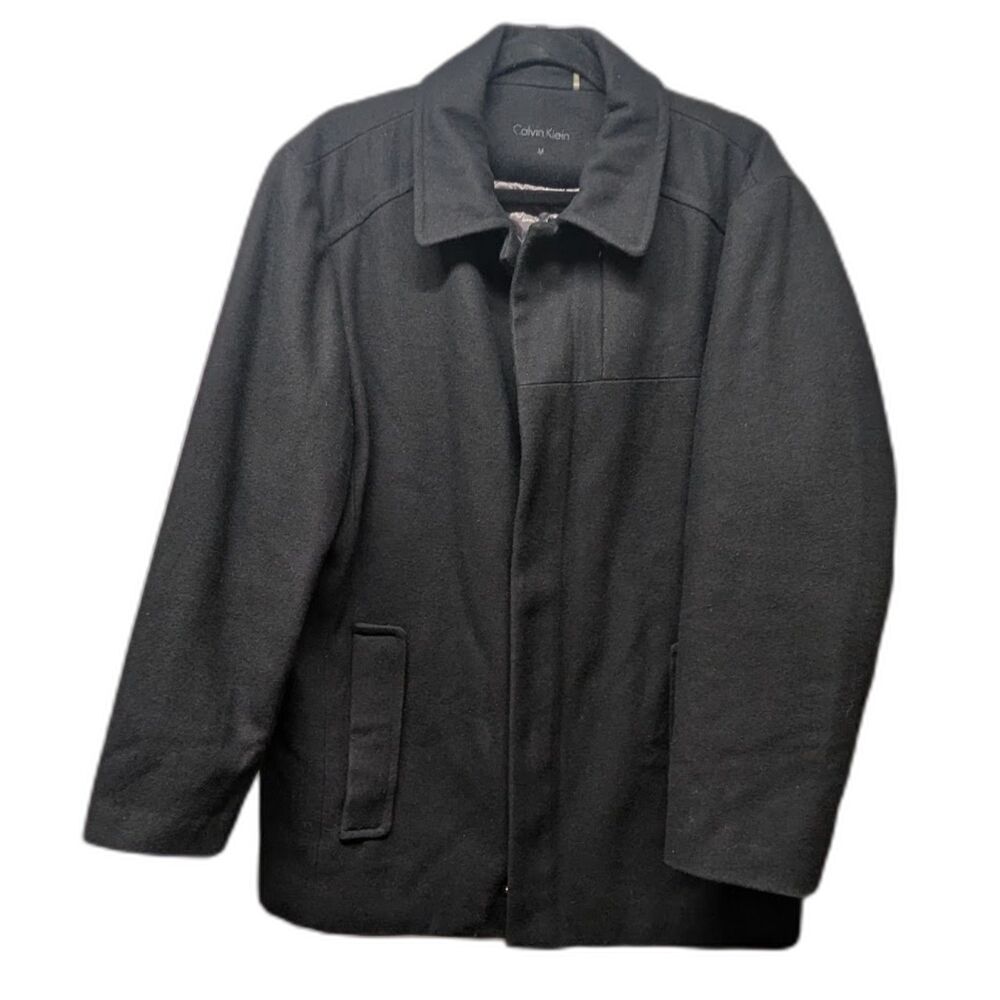 Calvin Klein Mens Coat Med Black Wool Blend Jacket Quilted Lined Zip Snap Front
